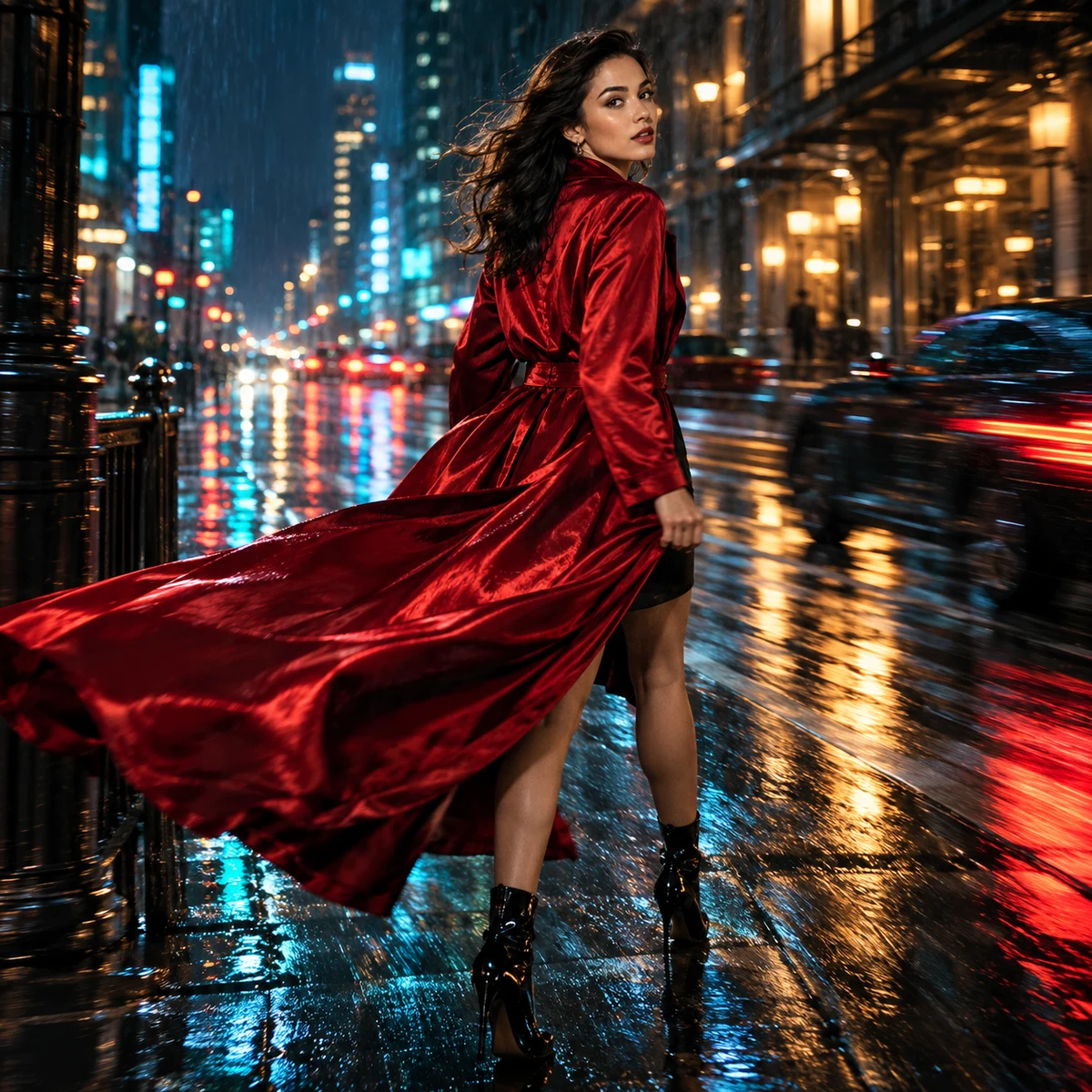 A woman in a flowing red coat on a rain-soaked city street