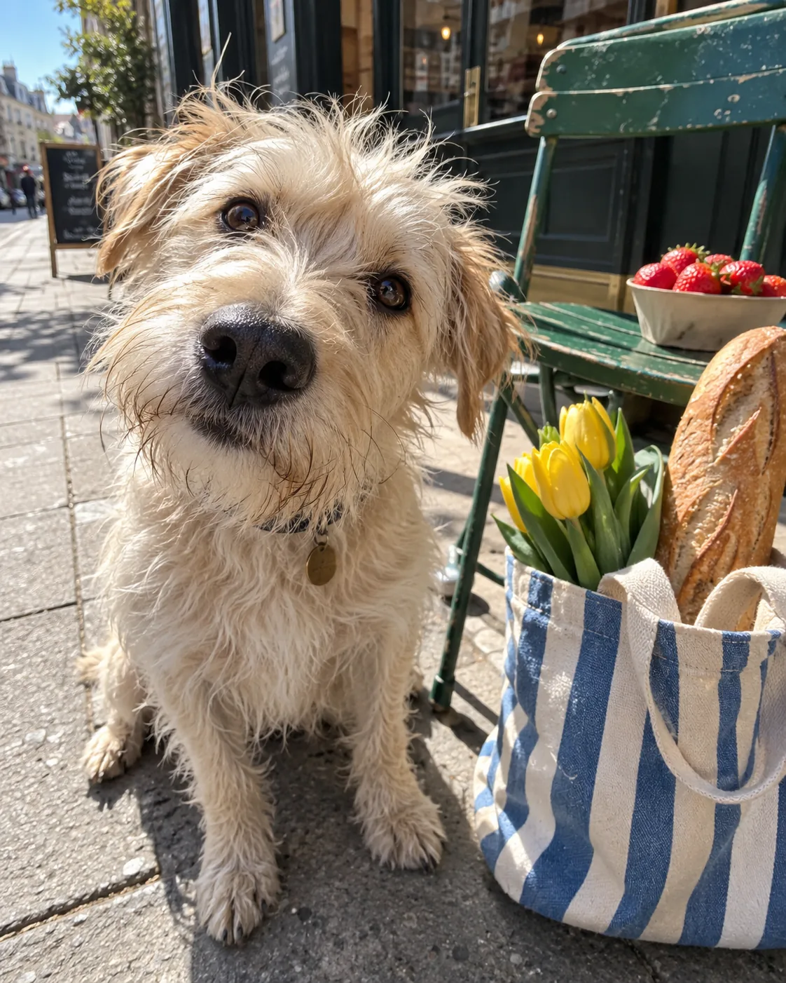 A curious dog beside a striped tote of flowers and market produce