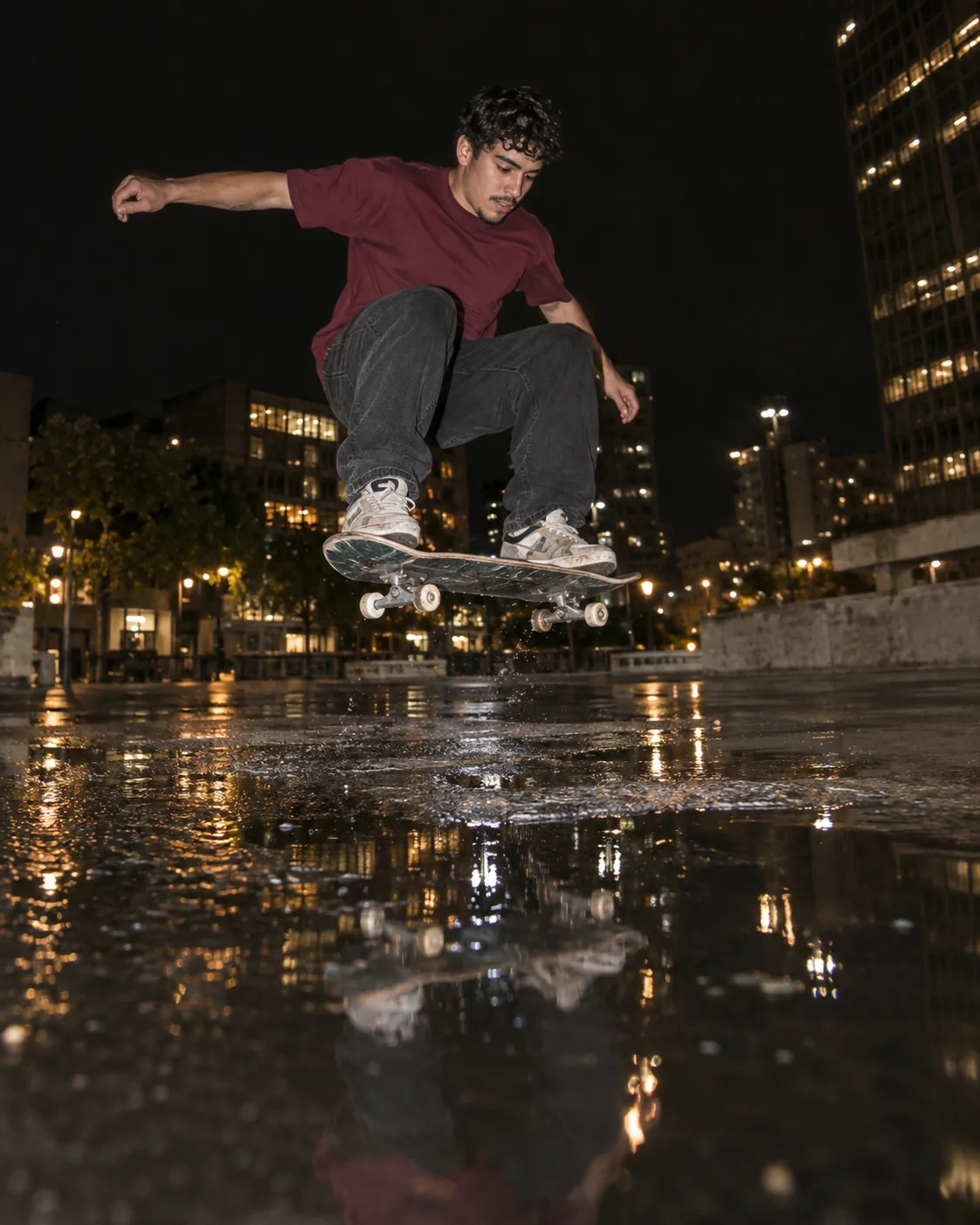 A skateboarder captured mid-jump beneath city lights
