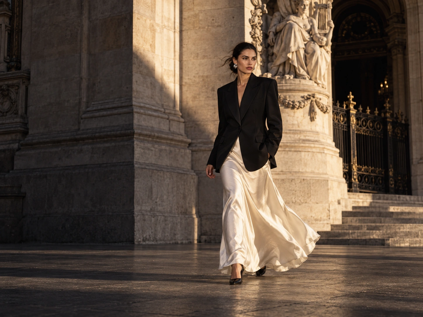 A woman in black tailoring and flowing ivory silk outside a sunlit Parisian opera house