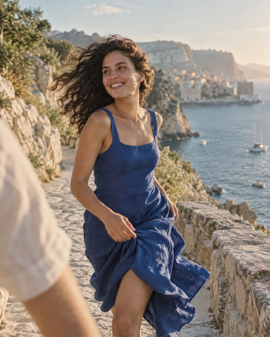 A woman in a blue linen dress on a sunlit Mediterranean coast