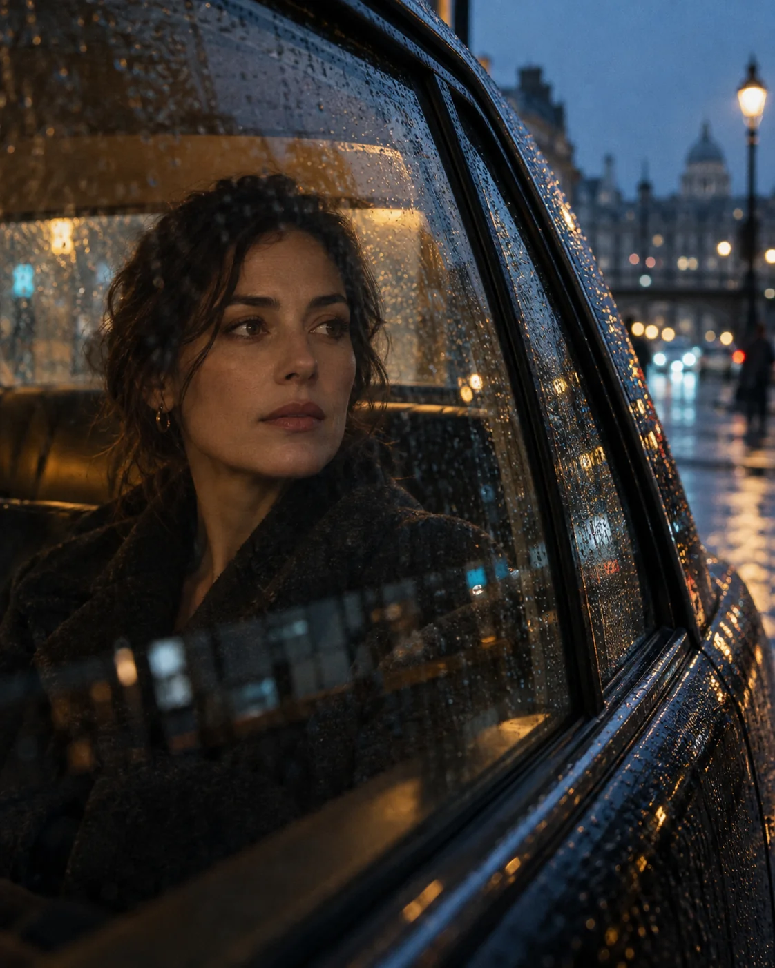 A cinematic portrait through a rain-covered car window at blue hour