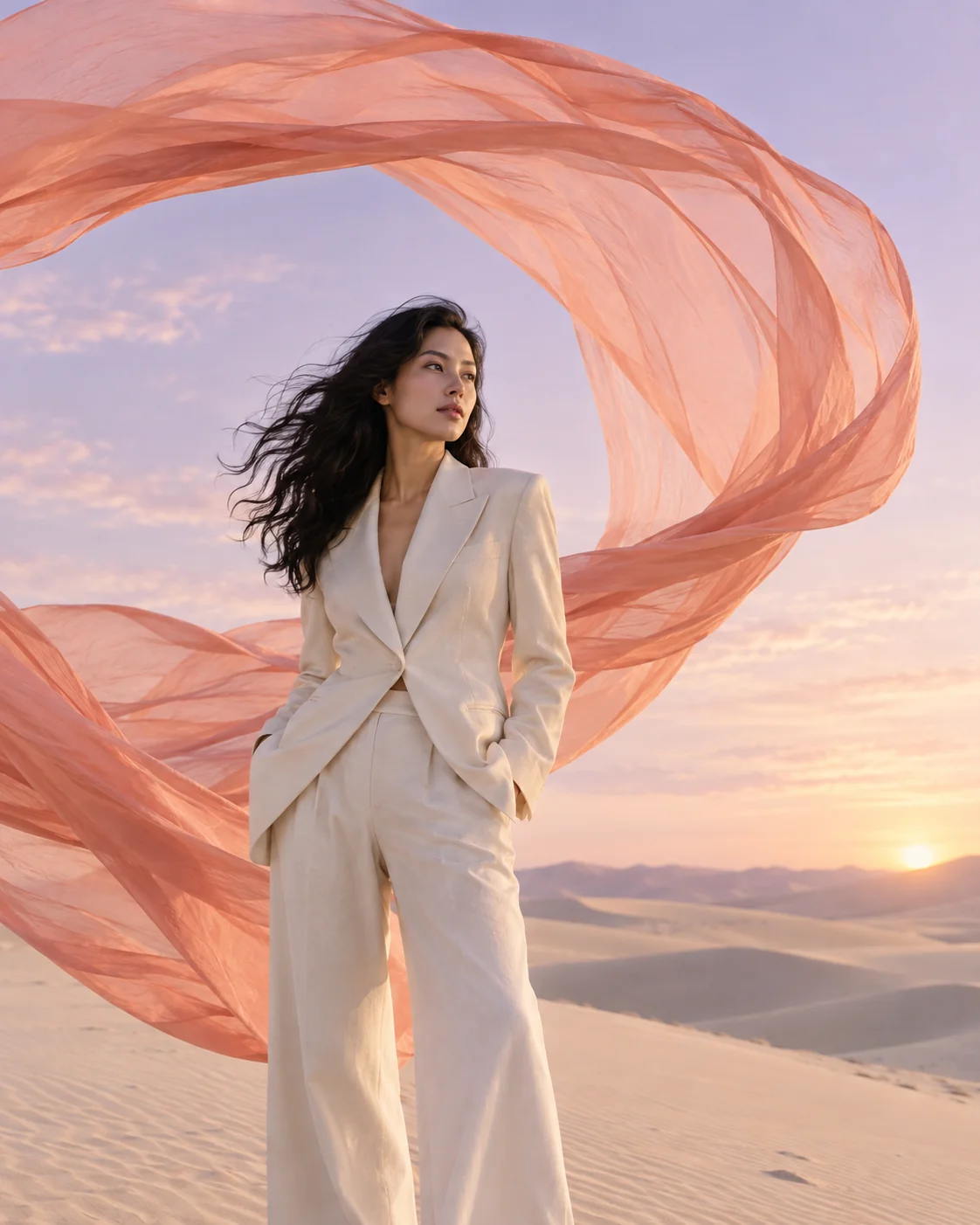 A fashion campaign with an ivory suit and coral silk floating over sand dunes